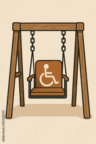 Inclusive playground swing design for children with disabilities. Accessible park equipment for special needs kids. Child-friendly adaptive fun. Wheelchair accessible illustration