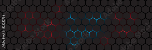 Abstract dark hexagon pattern on red neon background technology style. Modern futuristic geometric shape web banner design. You can use for cover template, poster, flyer, print ad. Vector illustration
