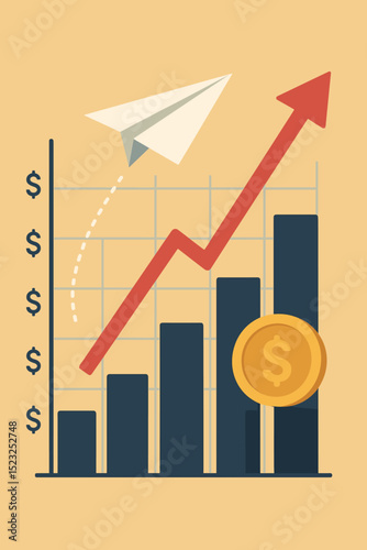 Financial success concept with growing bar chart and soaring paper airplane, symbolizing investment growth, increasing profits, business development, and market trend