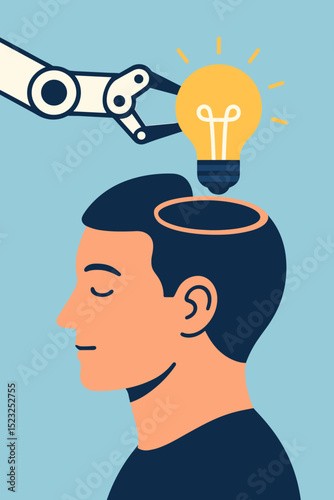 Artificial Intelligence innovation concept. Robot hand placing lightbulb into human head symbolizing AI brain, creativity, idea generation, machine learning, and technological knowledge.