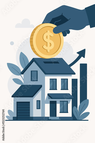 Property investment concept with hand putting coin into house piggy bank. Real estate growth, home equity, finance, saving money, mortgage, and loan strategy