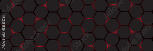 Abstract dark hexagon pattern on red neon background technology style. Modern futuristic geometric shape web banner design. You can use for cover template, poster, flyer, print ad. Vector illustration