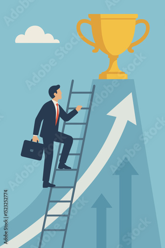 Ambitious businessman ascending a ladder to success and a golden trophy, symbolizing career growth, achievement, motivation, challenge, leadership, and professional development