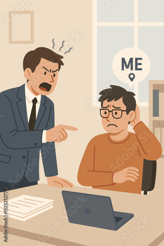 Office conflict illustration of a boss yelling at an employee. Workplace stress, reprimand, unhappy worker, pressure, dispute, and bullying concept. Business meeting argument