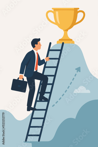 Ambitious businessman climbing ladder to reach golden trophy atop mountain peak, symbolizing career growth, achievement, success, promotion, challenge, and professional development
