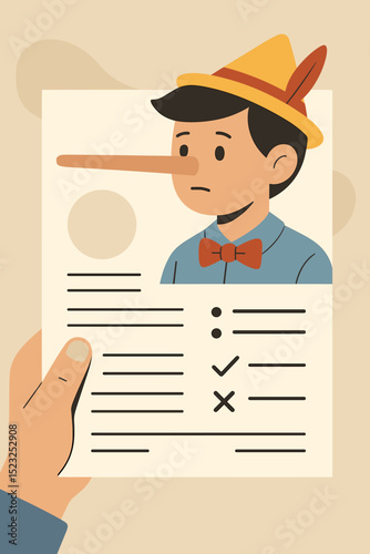 Dishonesty in resumes concept. Pinocchio character with long nose on CV symbolizing lies and deception in job applications. Recruitment fraud, fake information, and misleading qualifications.