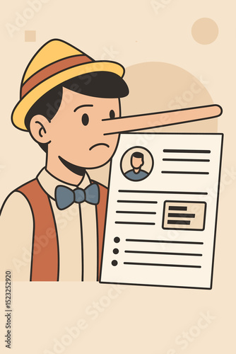 Lying on Resume. Job Search. Exaggeration of Skills. False Information. Deception in Job Application. Career. Fraud. Unethical Behavior. Long Nose. Pinocchio Syndrome