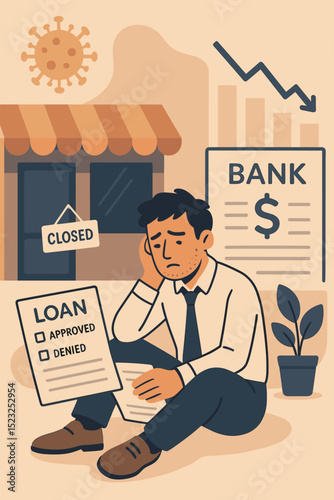 Stressed business owner holding denied loan application in front of closed shop. Financial crisis, economic recession, unemployment, debt, bankruptcy from pandemic impact concept.