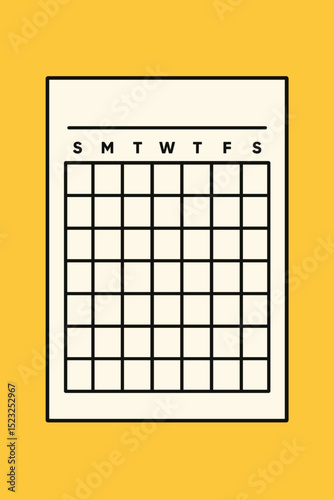 Blank calendar template vector graphic. Customizable weekly monthly planner grid. Schedule organizer for time management. Minimalist design for print or digital. Editable event tracker layout. Yellow.