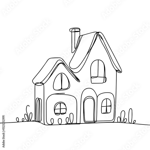 Single line drawing of a charming house with a sloped roof and rounded windows, set against a minimalistic white background, modern concept of architecture or design