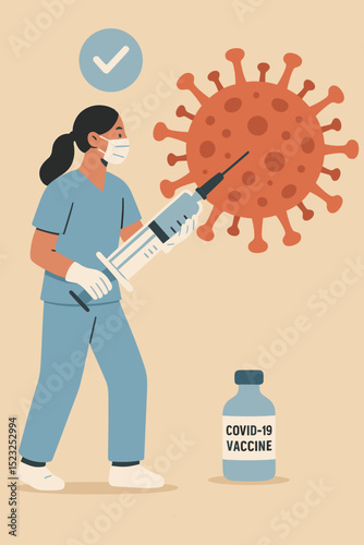 Female nurse in mask injects giant virus with vaccine. COVID-19 vial, syringe, checkmark illustrate victory over pandemic. Healthcare, immunization, disease prevention concept vector art.