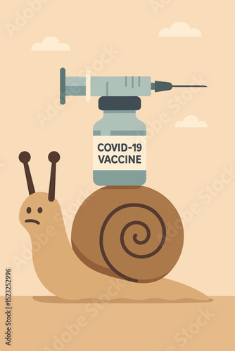 Snail Carries COVID-19 Vaccine. Slow Vaccination. Pandemic Crisis. Vaccine Hesitancy. Coronavirus Injection. Health Care. Immunization Program. Vector Illustration.
