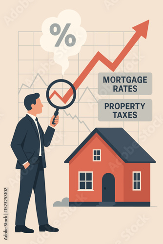 Housing market analysis. Real estate investment trends. Businessman with magnifying glass examining rising graph, property data. Mortgage rates, property taxes. Economic growth forecast.