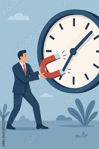 Time Management Mastery: Businessman with magnet controlling clock hands, metaphor for productivity, efficiency, deadline strategy, business planning, work organization, and achieving goals.