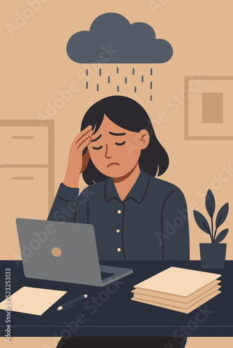 Woman stressed working from home office under storm cloud. Burnout, depression, anxiety. Mental health. Financial problems. Remote work problems. Emotional stress. Sadness.
