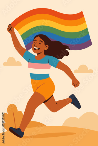 Joyful individual running with rainbow pride flag, wearing transgender flag colors. Celebrating LGBTQ+ freedom, diversity, equality. Pride Month vector illustration for community and human rights.