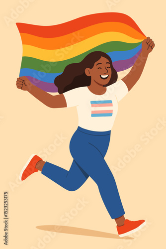 Empowered person of color running with LGBTQIA+ rainbow pride flag, transgender symbol on shirt. Celebrating freedom, joy, diversity, inclusion, equality. Flat vector for Pride Month.