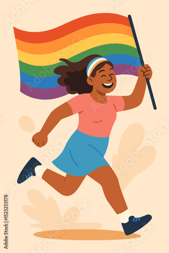Empowered person of color with transgender headband joyfully runs, waving LGBTQ+ rainbow flag. Concept of pride, freedom, equality, inclusion, diversity. Vector for Pride Month, activism, celebration.