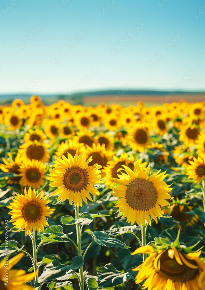 Fototapeta premium A sunny clear sky, soft gradient from light blue to white, vibrant field of sunflowers, and golden yellow petals with rich green stems and leaves, elegant and dreamy atmosphere