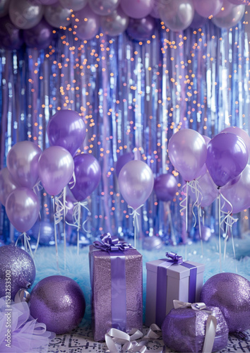 Luxurious pastel purple and lavender birthday backdrop filled with glossy balloons and ribbon-tied gift boxes