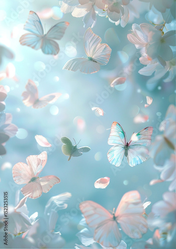 Elegant pastel background with soft white-blue tones, delicate butterflies fluttering through the air, translucent angel feathers floating gently, and light pastel flower petals drifting around