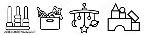 Set of Baby Toys – Stacking Rings, Toy Storage Box, Hanging Mobile, and Building Blocks Representing Early Childhood Development, Playtime, Sensory Learning and Infant Entertainment