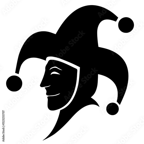 Silhouette of a Jester Head in Classic Hat with Bells – Comedy, Entertainment, Medieval , Humor, Fool Archetype, Theater and Festival Art, Graphic for Creative Design or Carnival Branding