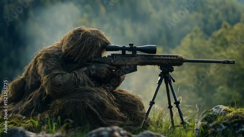 A camouflaged soldier in a ghillie suit aims a sniper rifle from a rocky position in a forested area. The scene captures military precision and focus.