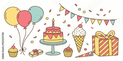 Colorful birthday party scene with cake and gifts