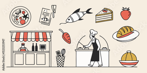 Food market illustration with chef and various dishes