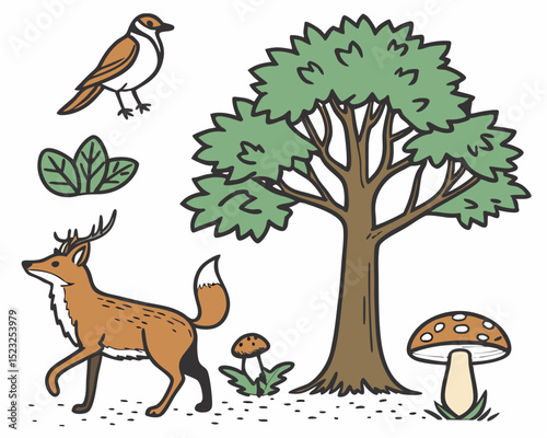 Hand drawn forest illustration with deer and bird