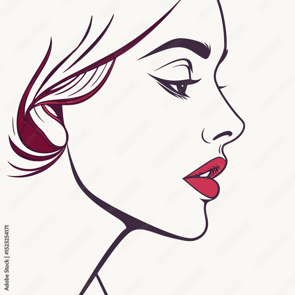 Elegant woman profile line art red lips Elegant woman profile line art red lips