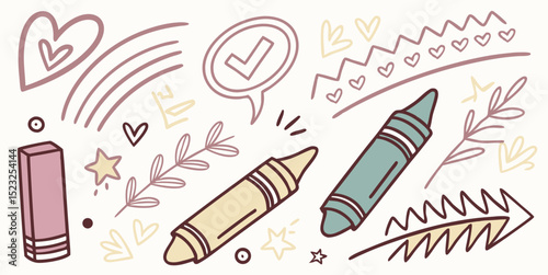 Hand drawn crayons with cute doodle elements