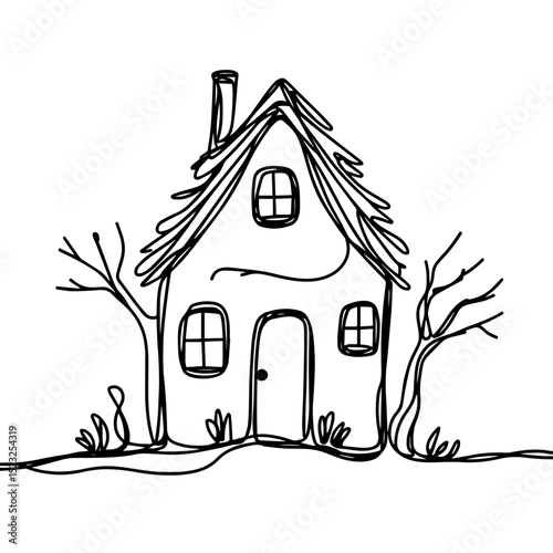 Simple line art illustration of a cozy house surrounded by bare trees and grass, minimalist design concept of home decor or architecture