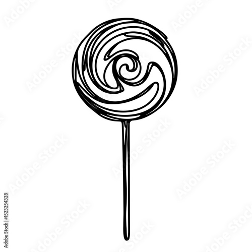 Swirled lollipop in minimalist black line art style against a plain white background, representing childhood joy and sweetness, concept of candy shop or confectionery