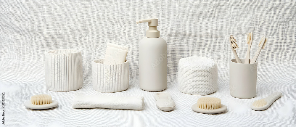 Naklejka premium Minimalist Beige Bathroom Accessories On White Background