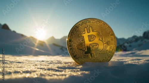 Sun shining on bitcoin resting on snow with mountain background motion