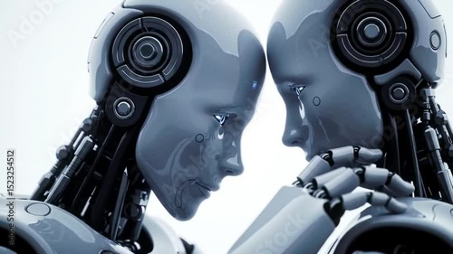 Robots sharing a tender moment on white background