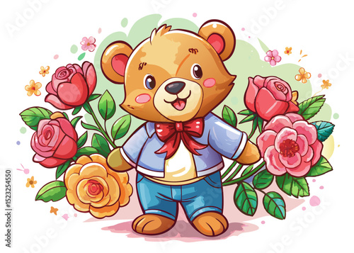 Teddy Bear Holding Roses SVG – Watercolor Romantic Clipart for Valentine’s Day, Nursery Decor, and Greeting Cards