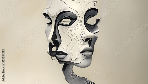 Abstract depiction of two faces merged together in black and white artistic composition
