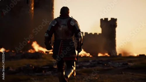 Medieval knight walking from battlefield with burning castle on background