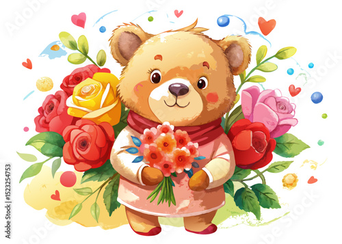 Teddy Bear Holding Roses SVG – Watercolor Romantic Clipart for Valentine’s Day, Nursery Decor, and Greeting Cards
