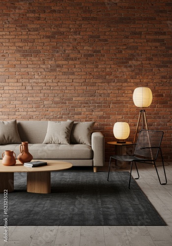Industrial Modern Living Room with Exposed Brick Wall and Cozy Lighting