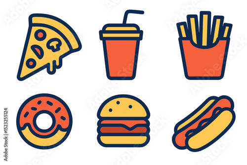 Colorful icons of popular junk food, such as pizza, soda, French fries, donut, hamburger, and Hot Dog, are isolated on a white background, designed for use on websites and apps, created in a flat