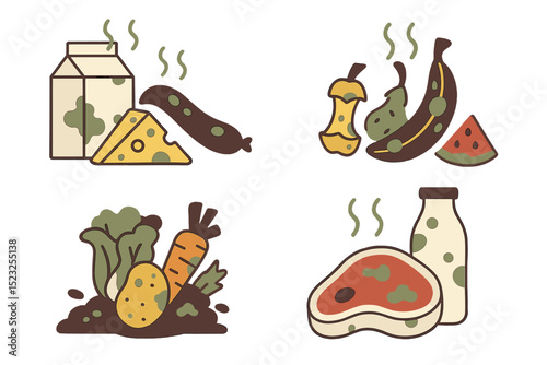 Vector set of compost materials and decomposing organic matter in cartoon flat style, including rotten food scenes with moldy vegetables, fruits, meat, and milk, and expired products compositions