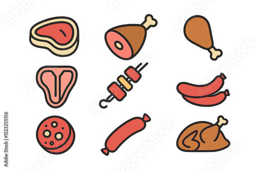Meat line icons with editable strokes are presented on a transparent background