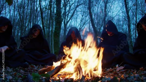 Mysterious gathering in the woods near a fire