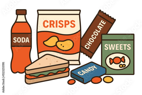 A collection of packaged snack items, including fast junk food and drinks in various containers such as packets, bottles, and boxes, like soda, crisps, chocolate bars, sandwiches, candies, and