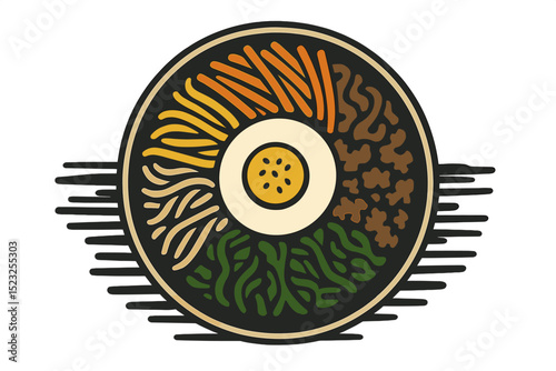 Bibimbap is served in a bowl on top of a black wood table, photographed from directly above, highlighting Korean cuisine
