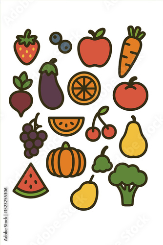 A white background serves as the setting for a vector icon that includes a variety of berries, fruits, and vegetables